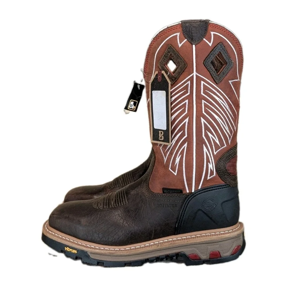 Justin Mens Steel Toe Vibram Waterproof Work Boots Brown WK2115 Size 9.5D